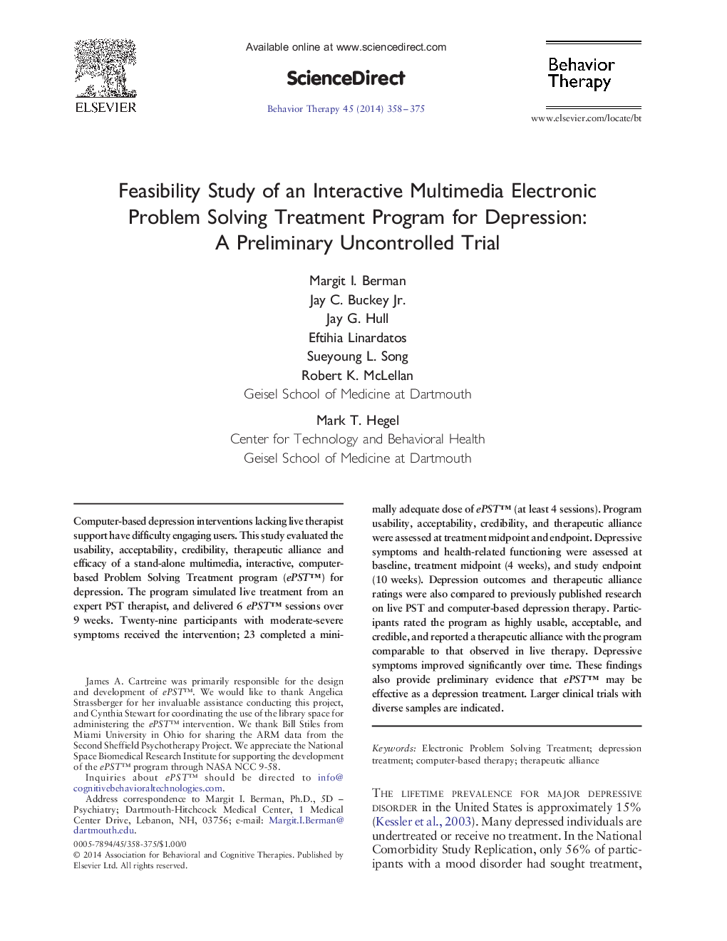 Feasibility Study of an Interactive Multimedia Electronic Problem Solving Treatment Program for Depression: A Preliminary Uncontrolled Trial 