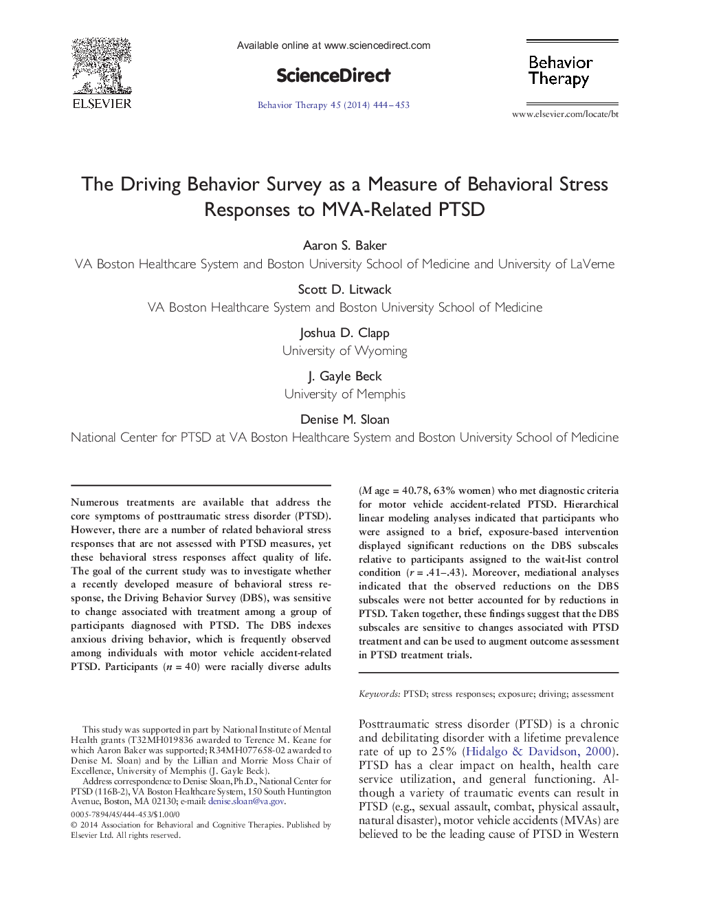 The Driving Behavior Survey as a Measure of Behavioral Stress Responses to MVA-Related PTSD 