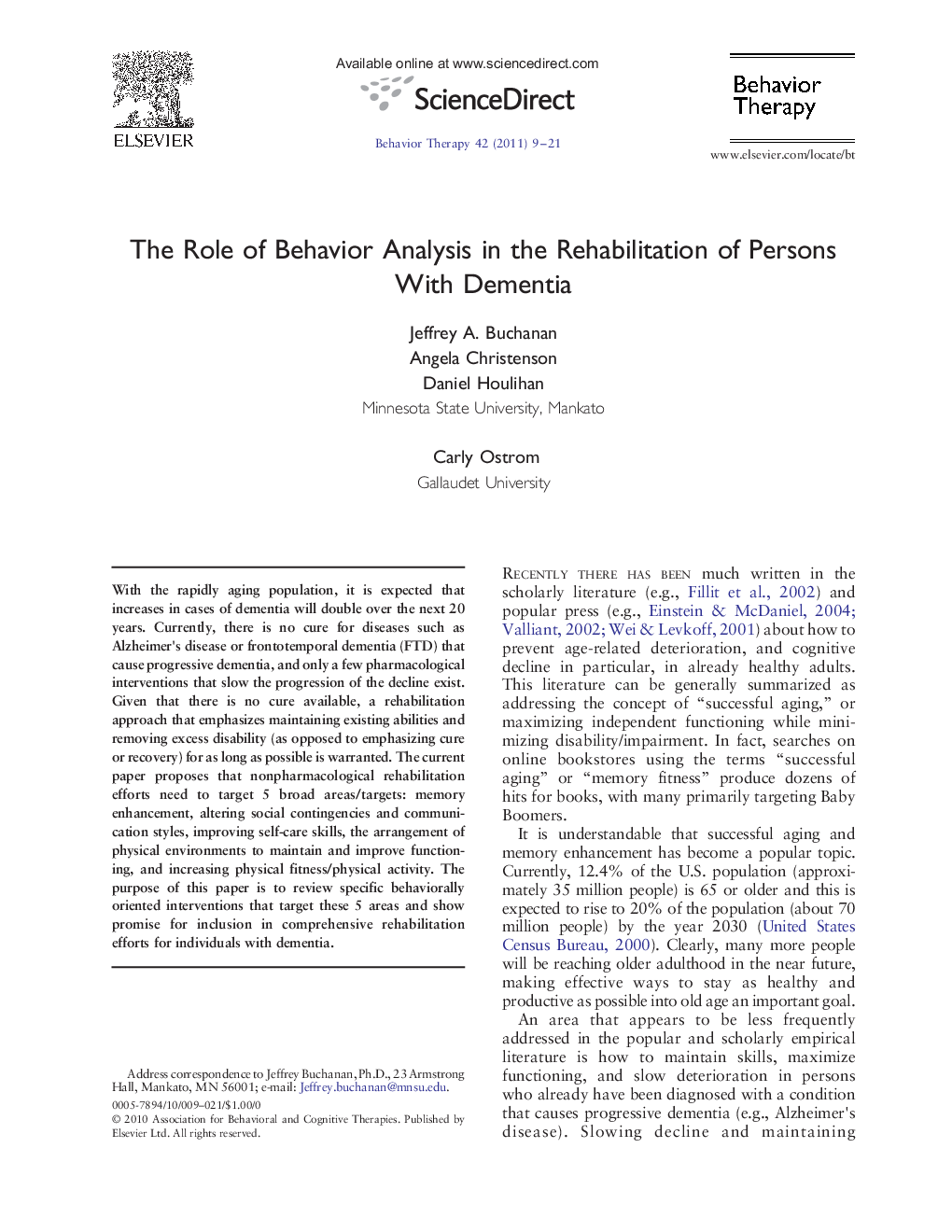 The Role of Behavior Analysis in the Rehabilitation of Persons With Dementia