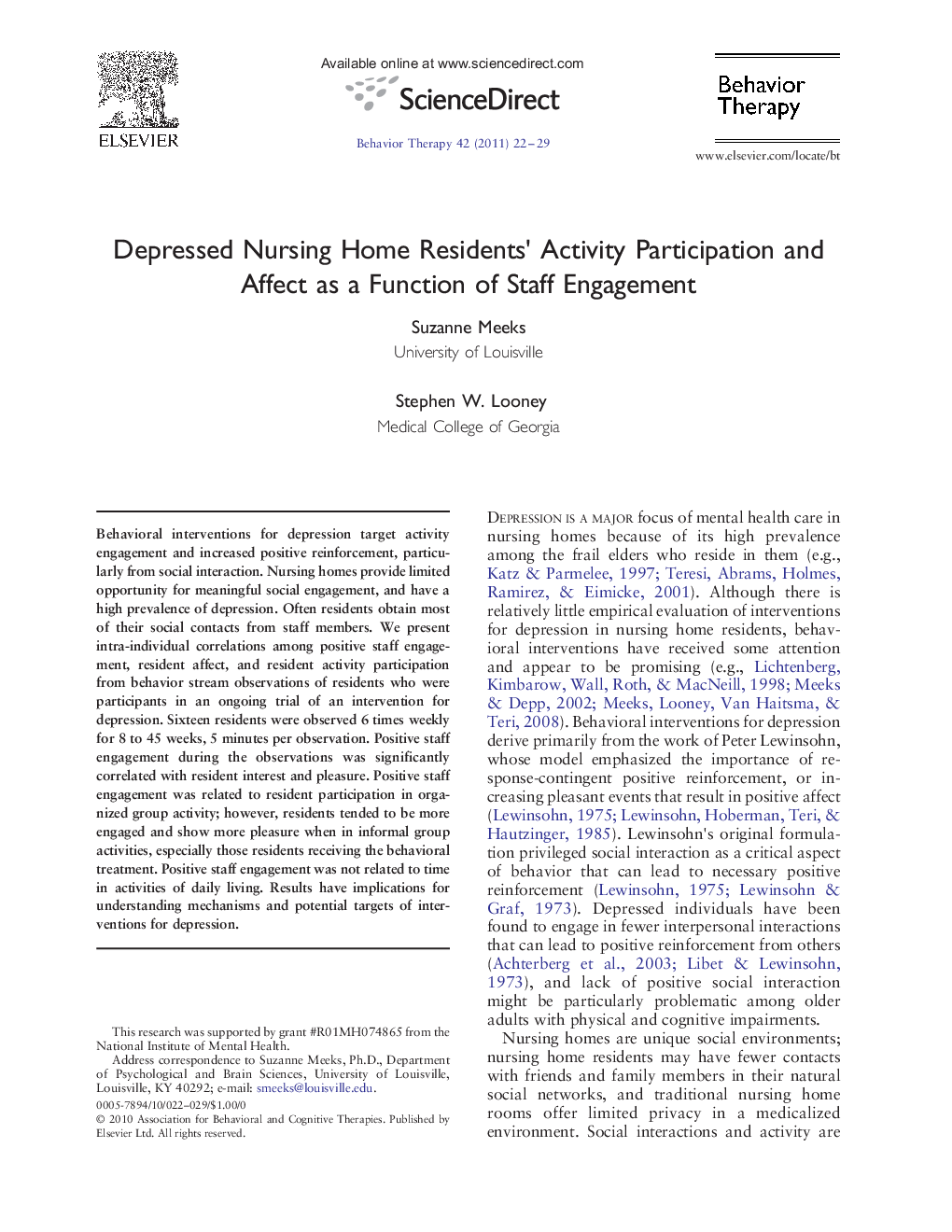 Depressed Nursing Home Residents' Activity Participation and Affect as a Function of Staff Engagement 