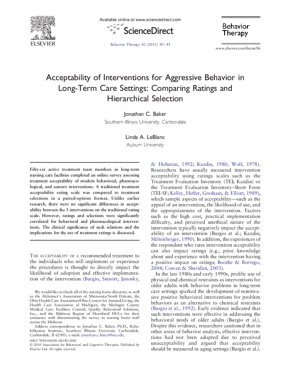 Acceptability of Interventions for Aggressive Behavior in Long-Term Care Settings: Comparing Ratings and Hierarchical Selection