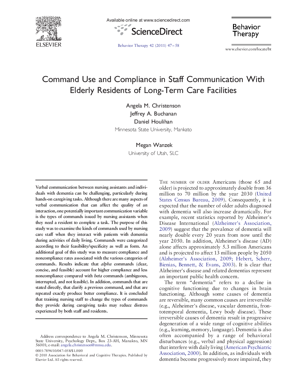 Command Use and Compliance in Staff Communication With Elderly Residents of Long-Term Care Facilities