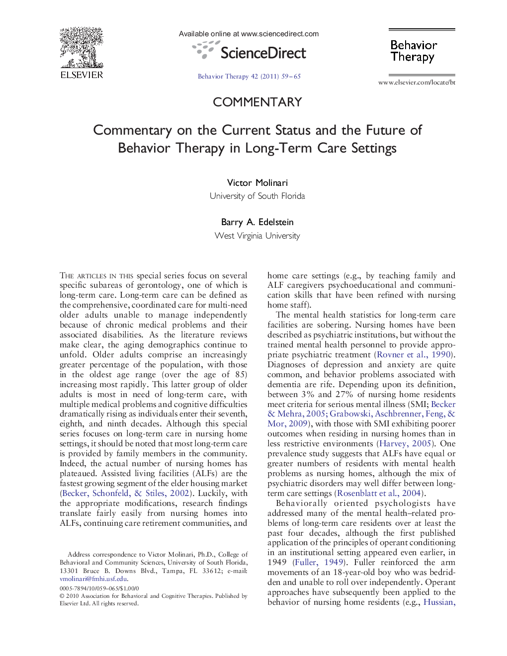 Commentary on the Current Status and the Future of Behavior Therapy in Long-Term Care Settings