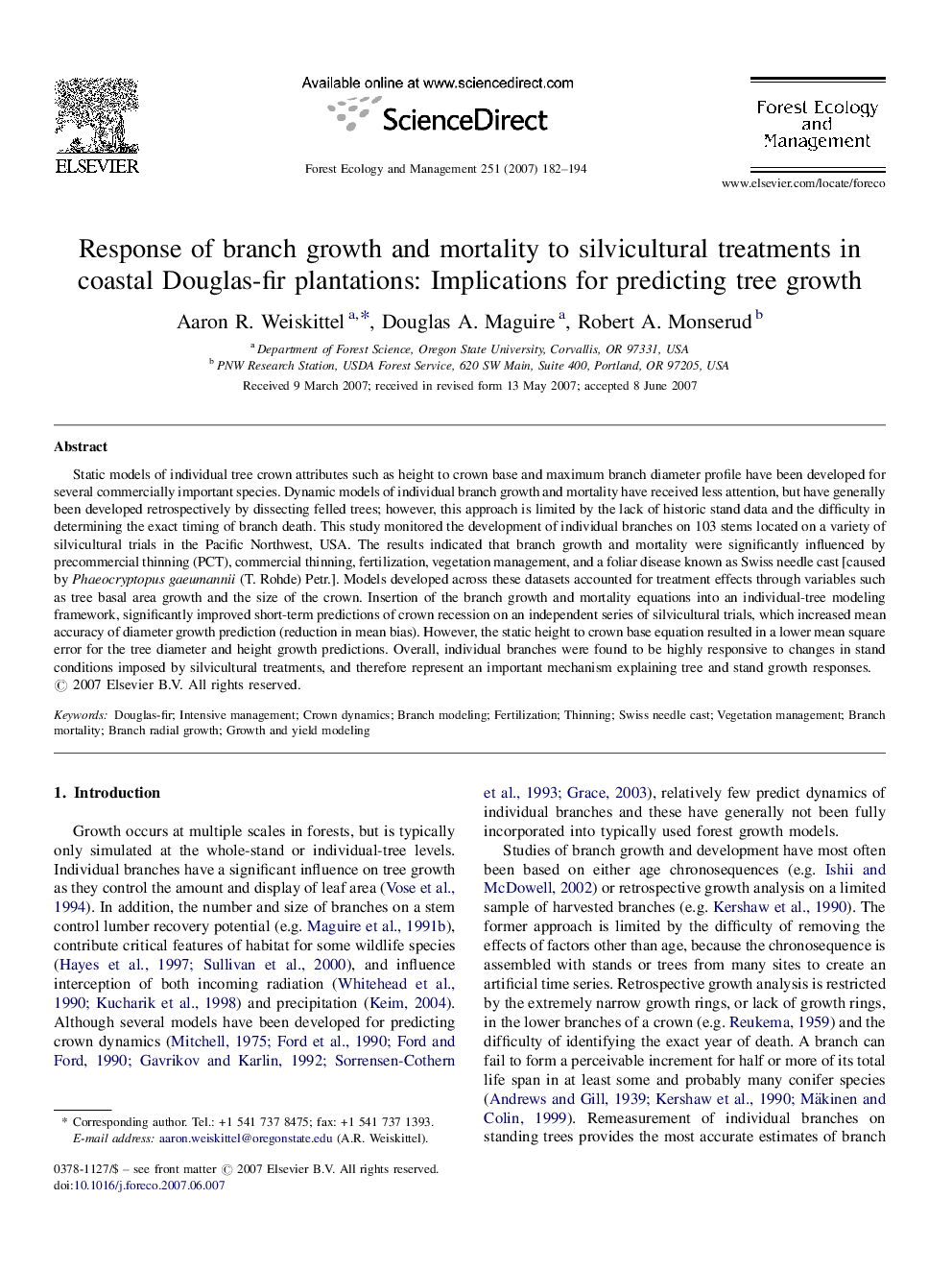 Response of branch growth and mortality to silvicultural treatments in coastal Douglas-fir plantations: Implications for predicting tree growth