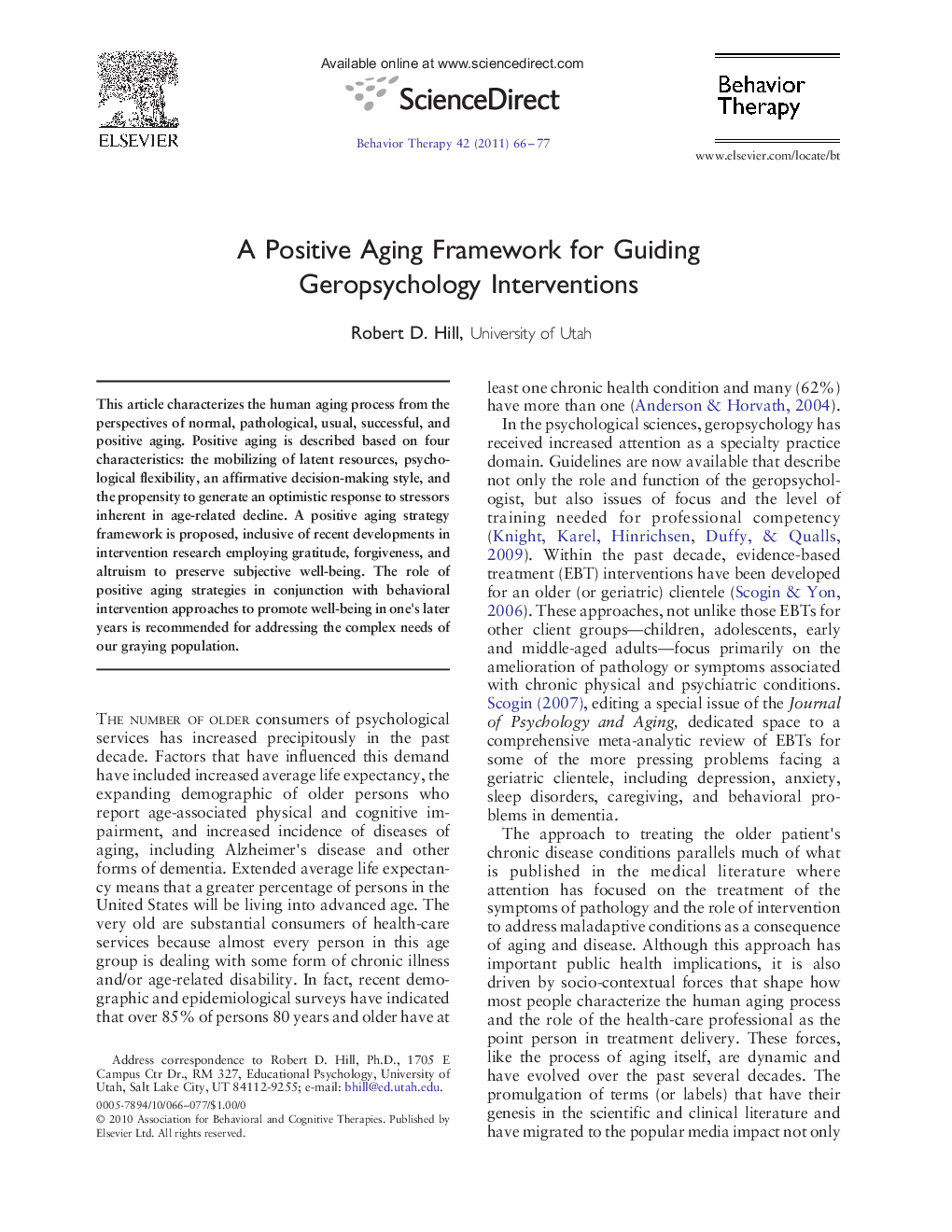 A Positive Aging Framework for Guiding Geropsychology Interventions