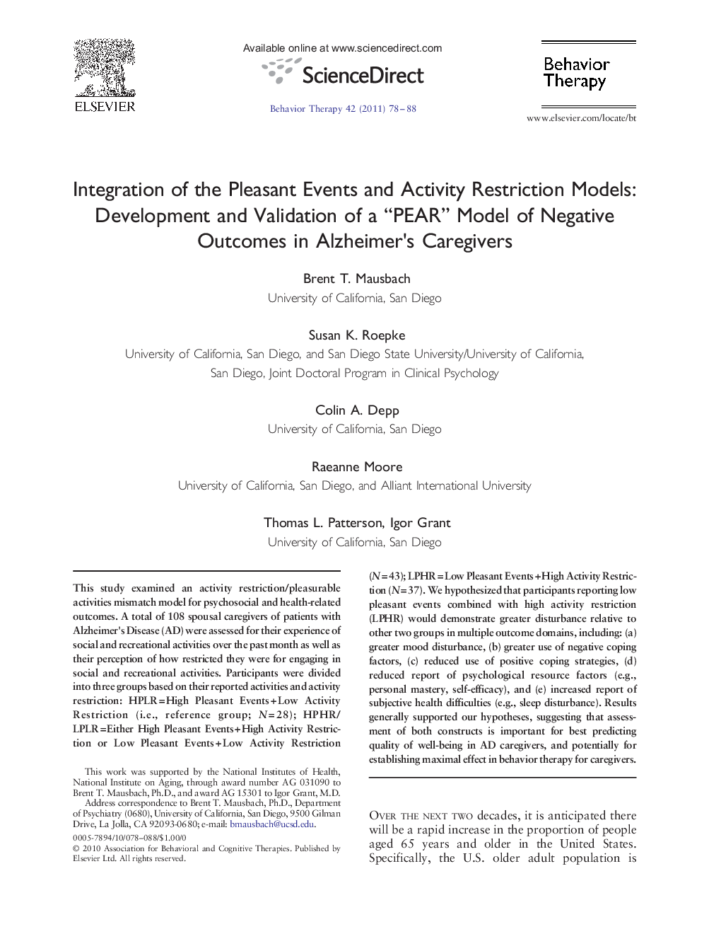 Integration of the Pleasant Events and Activity Restriction Models: Development and Validation of a “PEAR” Model of Negative Outcomes in Alzheimer's Caregivers 