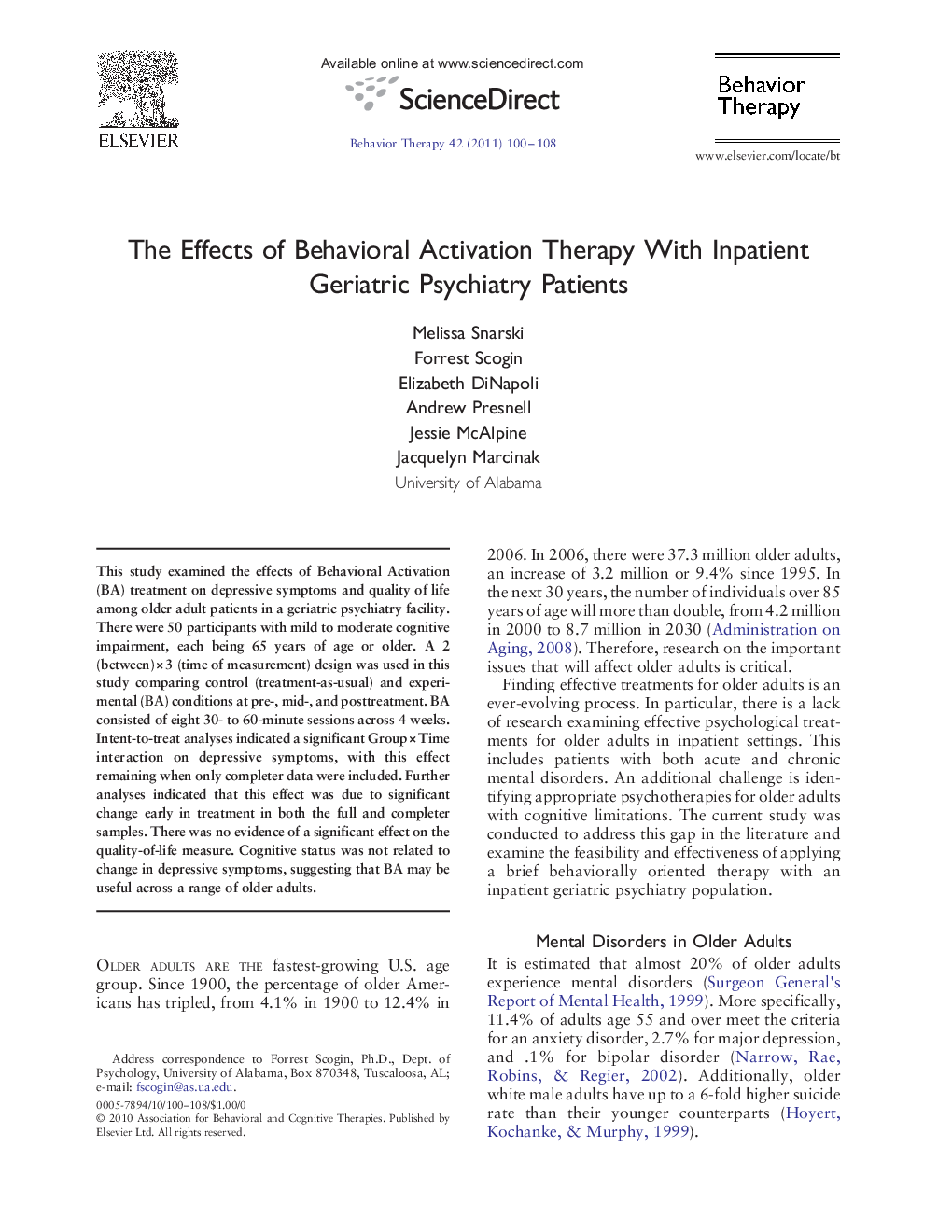 The Effects of Behavioral Activation Therapy With Inpatient Geriatric Psychiatry Patients