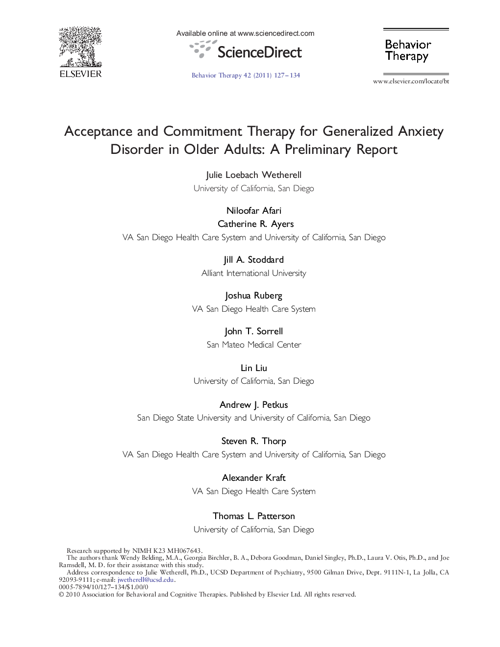 Acceptance and Commitment Therapy for Generalized Anxiety Disorder in Older Adults: A Preliminary Report