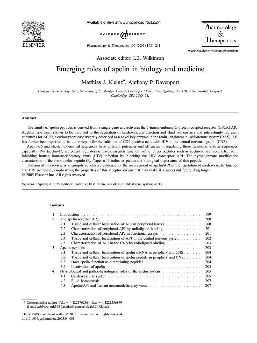 Emerging roles of apelin in biology and medicine