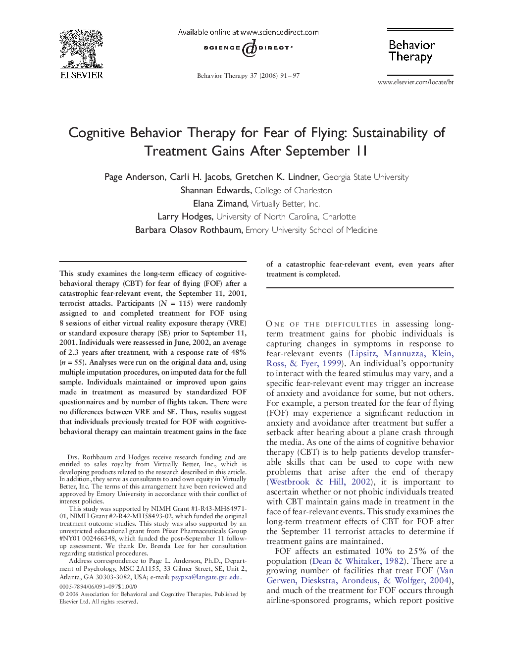 Cognitive Behavior Therapy for Fear of Flying: Sustainability of Treatment Gains After September 11