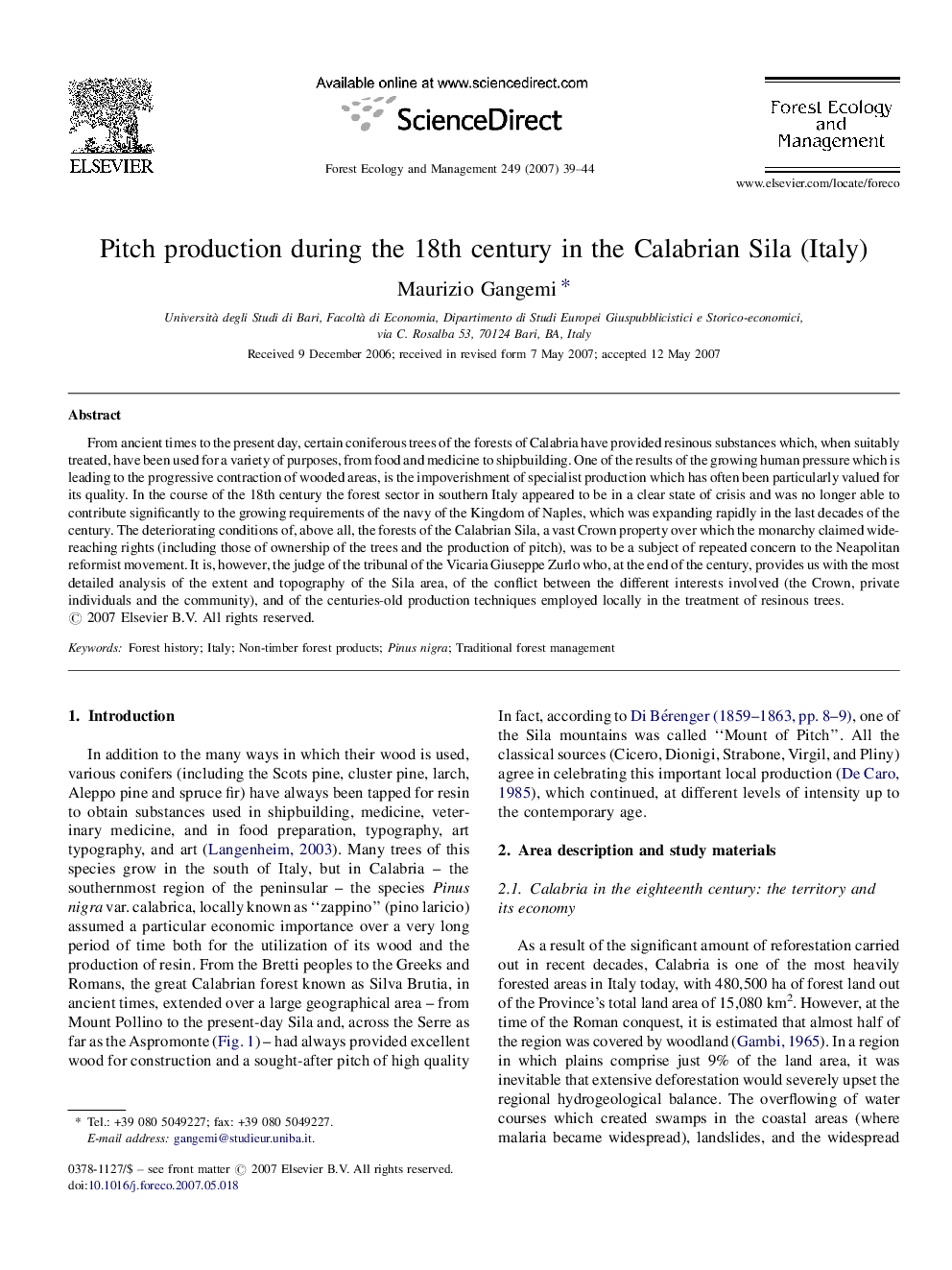 Pitch production during the 18th century in the Calabrian Sila (Italy)