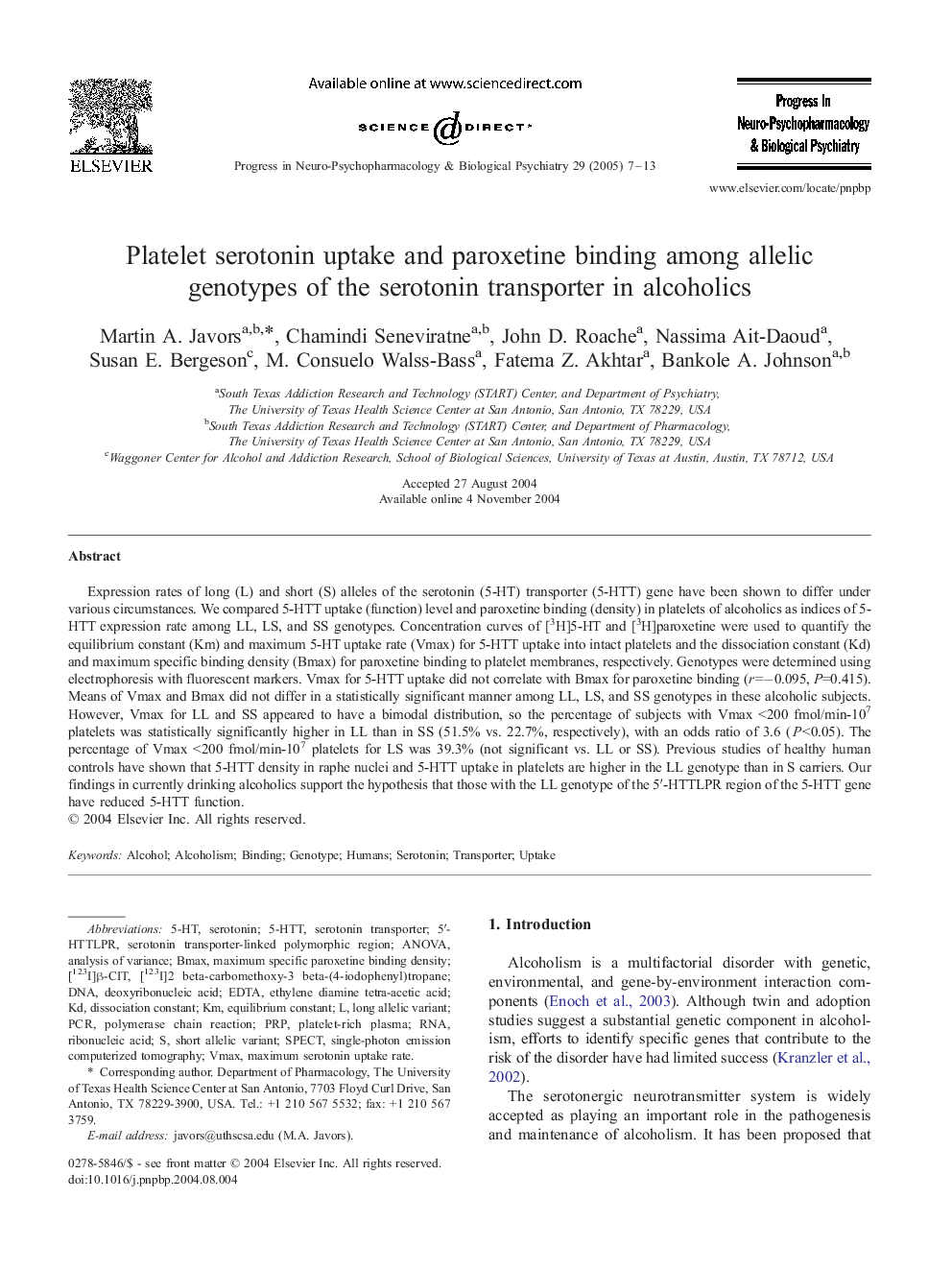 Platelet serotonin uptake and paroxetine binding among allelic genotypes of the serotonin transporter in alcoholics