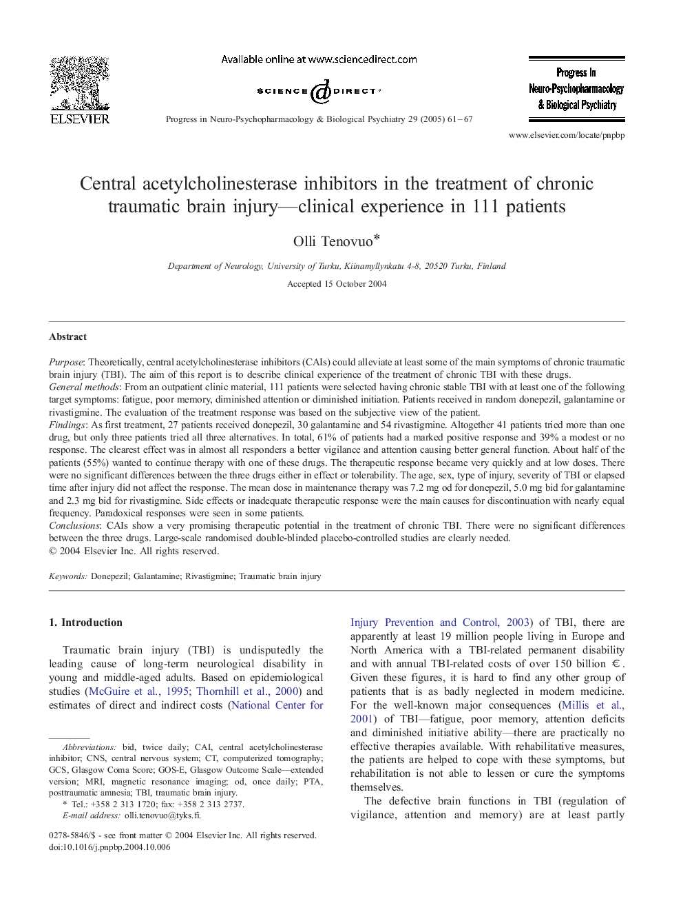 Central acetylcholinesterase inhibitors in the treatment of chronic traumatic brain injury-clinical experience in 111 patients