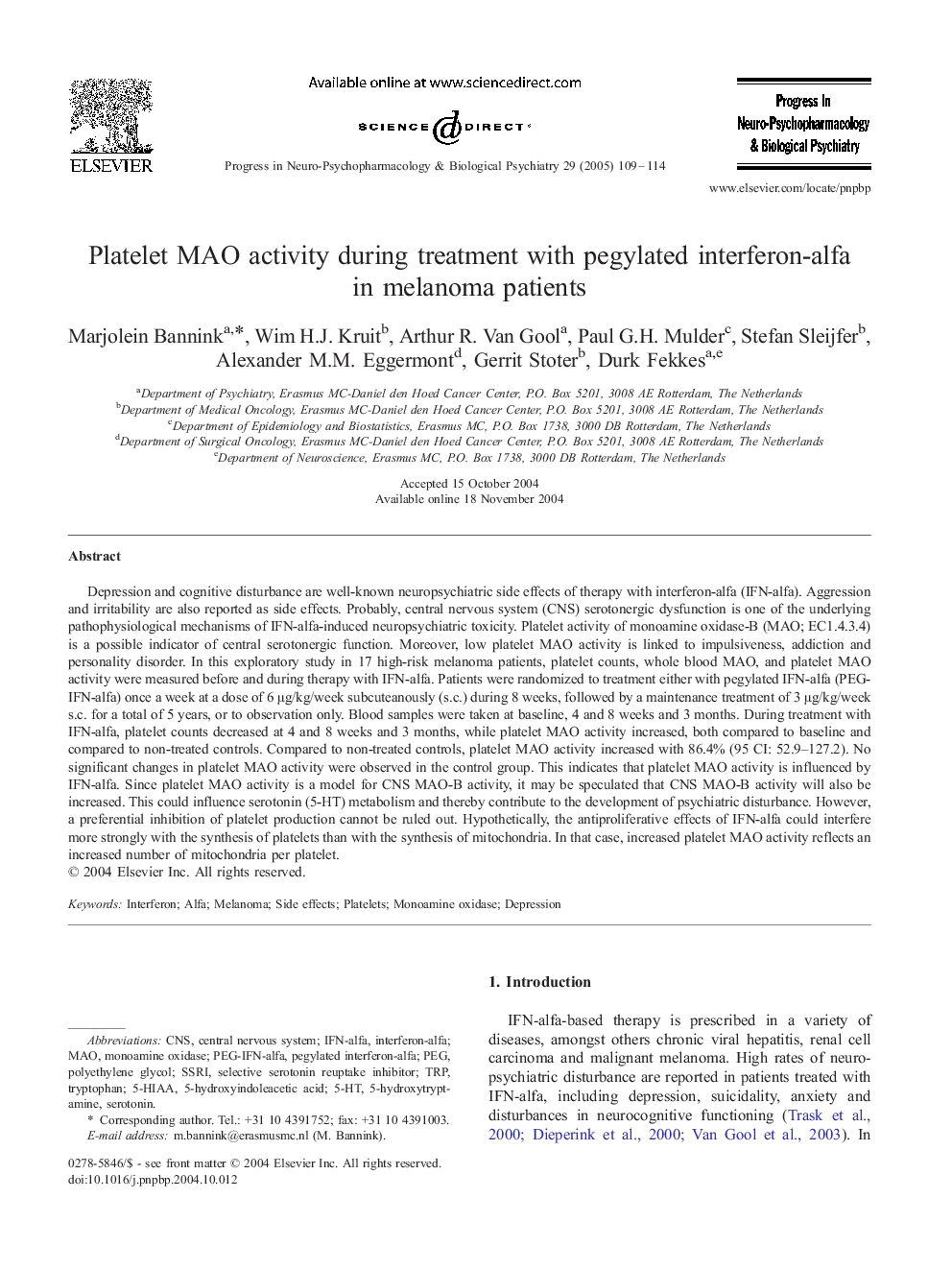 Platelet MAO activity during treatment with pegylated interferon-alfa in melanoma patients