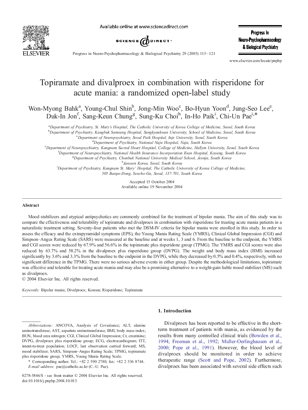 Topiramate and divalproex in combination with risperidone for acute mania: a randomized open-label study