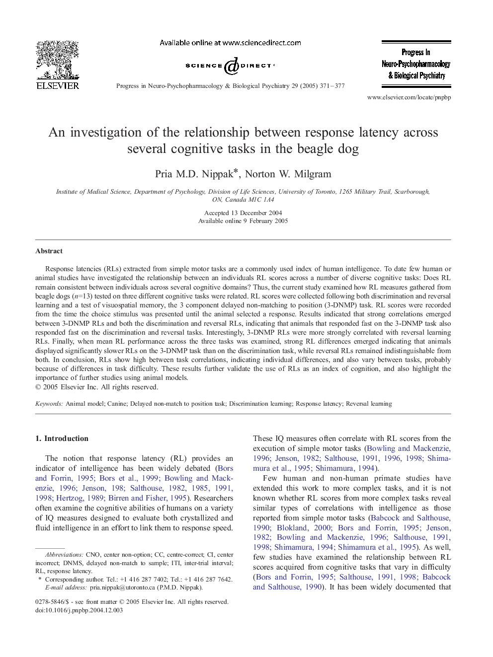 An investigation of the relationship between response latency across several cognitive tasks in the beagle dog