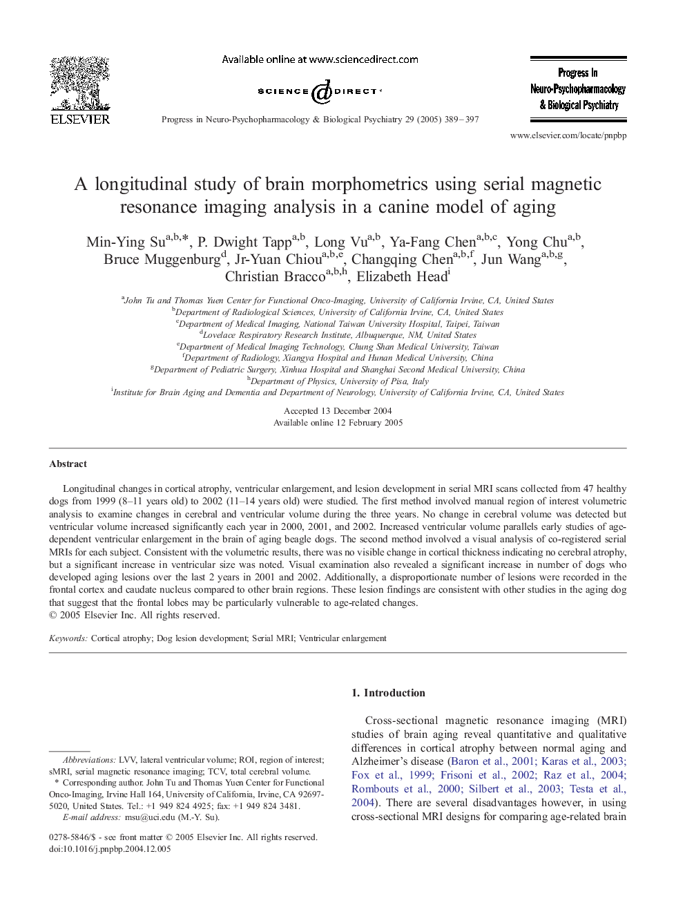 A longitudinal study of brain morphometrics using serial magnetic resonance imaging analysis in a canine model of aging