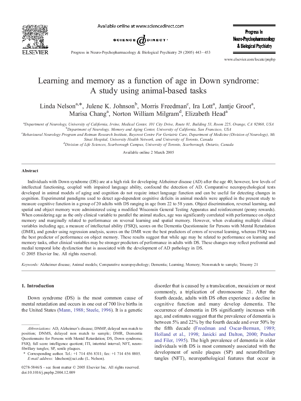 Learning and memory as a function of age in Down syndrome: A study using animal-based tasks