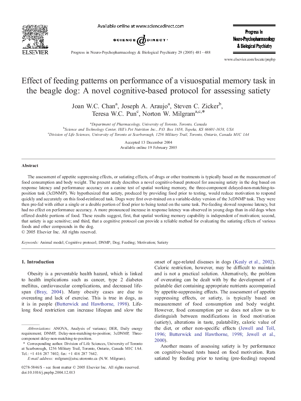 Effect of feeding patterns on performance of a visuospatial memory task in the beagle dog: A novel cognitive-based protocol for assessing satiety