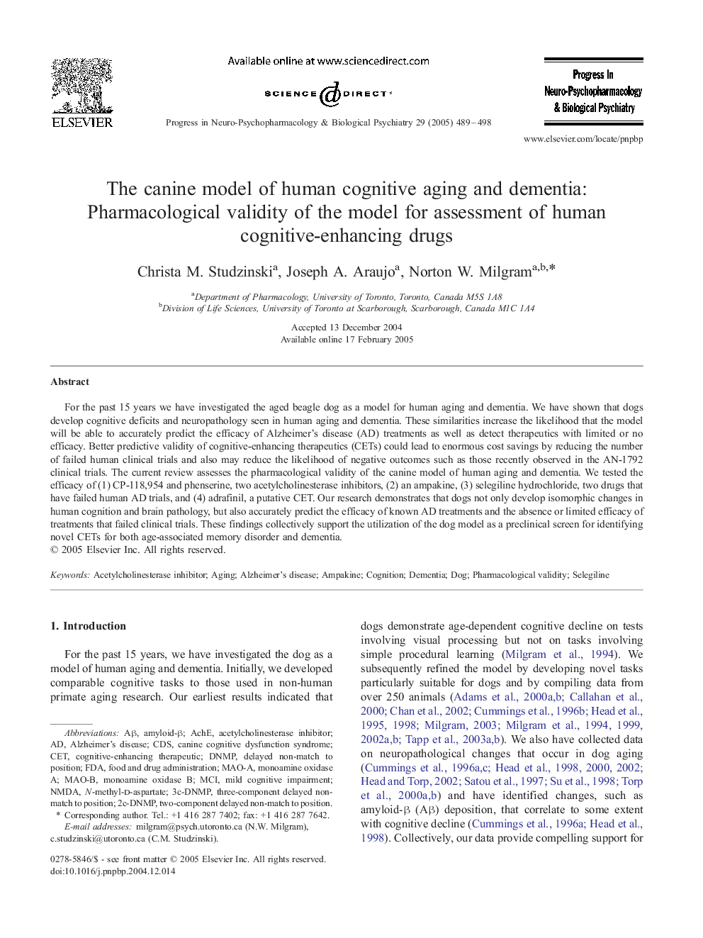 The canine model of human cognitive aging and dementia: Pharmacological validity of the model for assessment of human cognitive-enhancing drugs