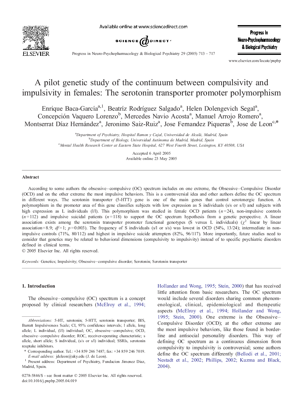 A pilot genetic study of the continuum between compulsivity and impulsivity in females: The serotonin transporter promoter polymorphism