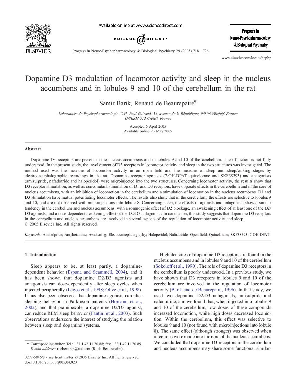 Dopamine D3 modulation of locomotor activity and sleep in the nucleus accumbens and in lobules 9 and 10 of the cerebellum in the rat