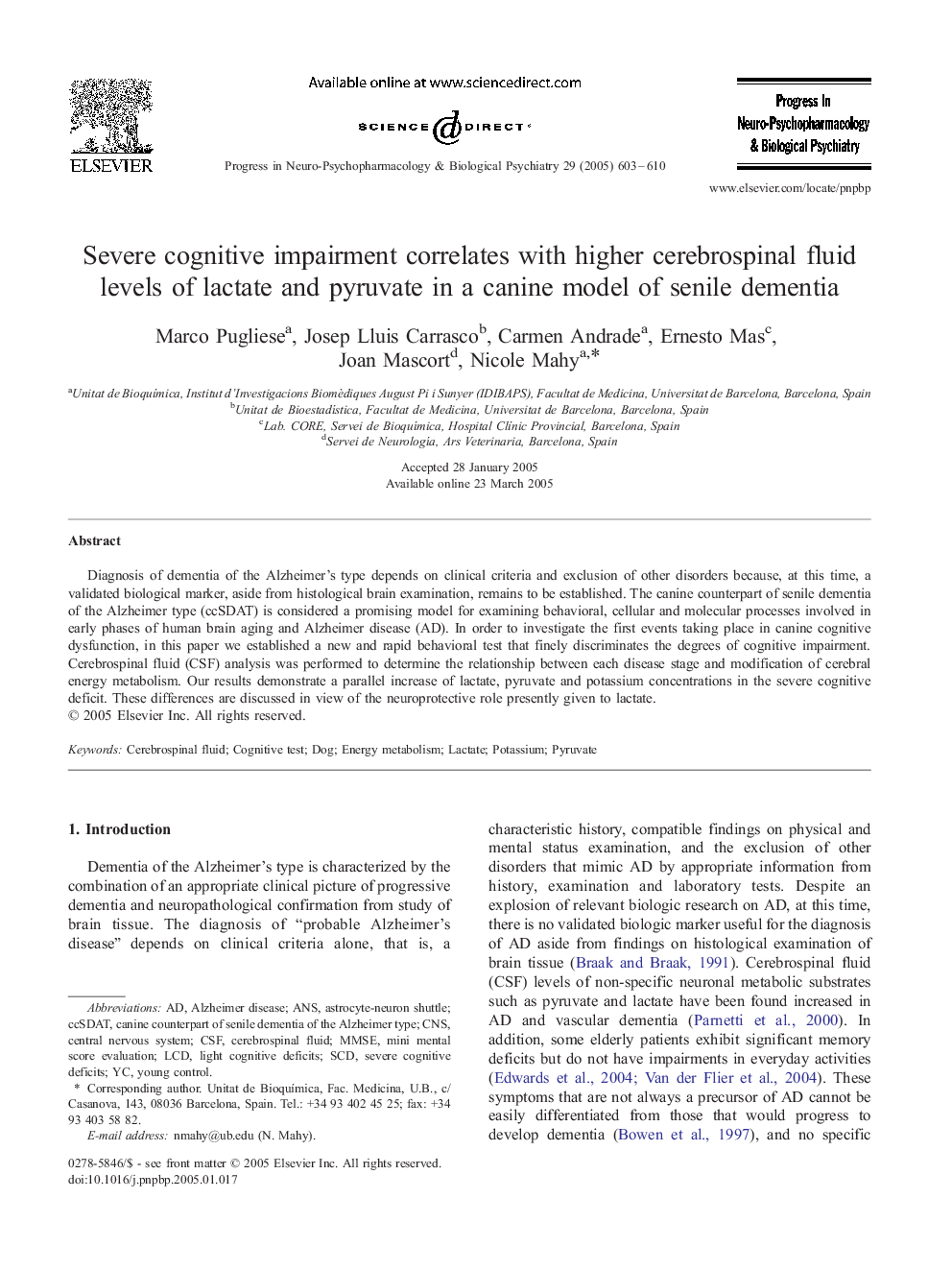 Severe cognitive impairment correlates with higher cerebrospinal fluid levels of lactate and pyruvate in a canine model of senile dementia