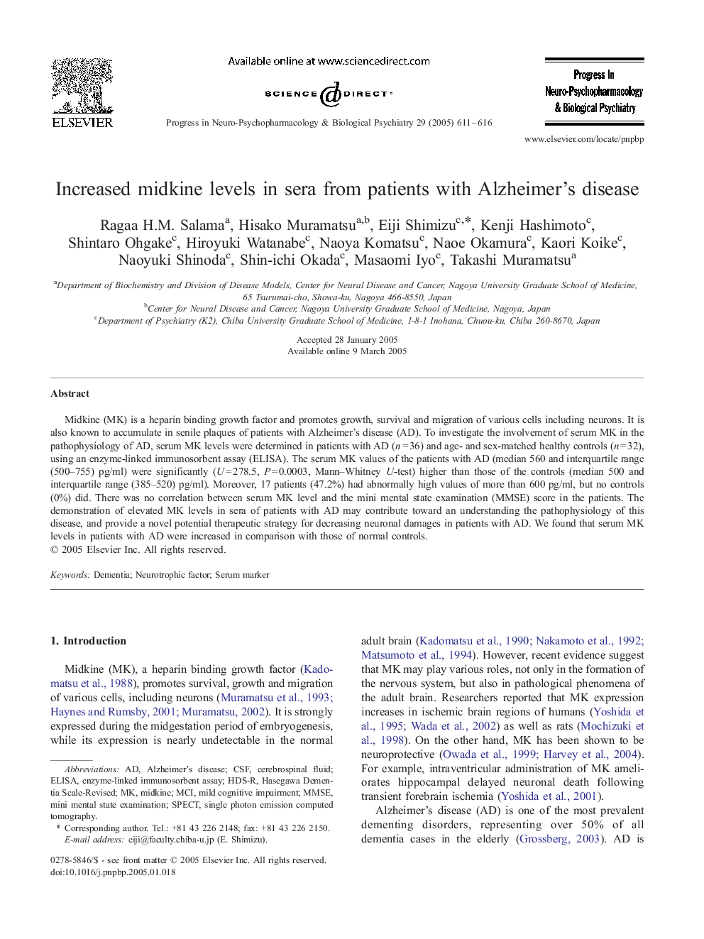 Increased midkine levels in sera from patients with Alzheimer's disease