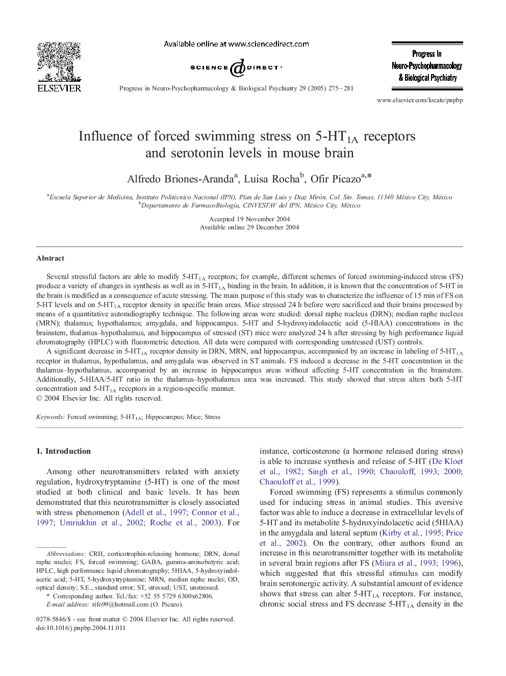 Influence of forced swimming stress on 5-HT1A receptors and serotonin levels in mouse brain