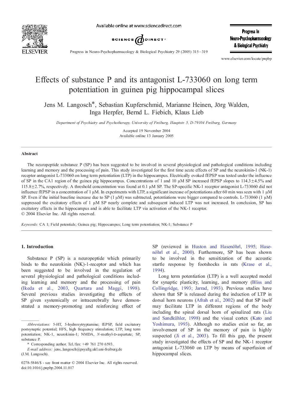 Effects of substance P and its antagonist L-733060 on long term potentiation in guinea pig hippocampal slices