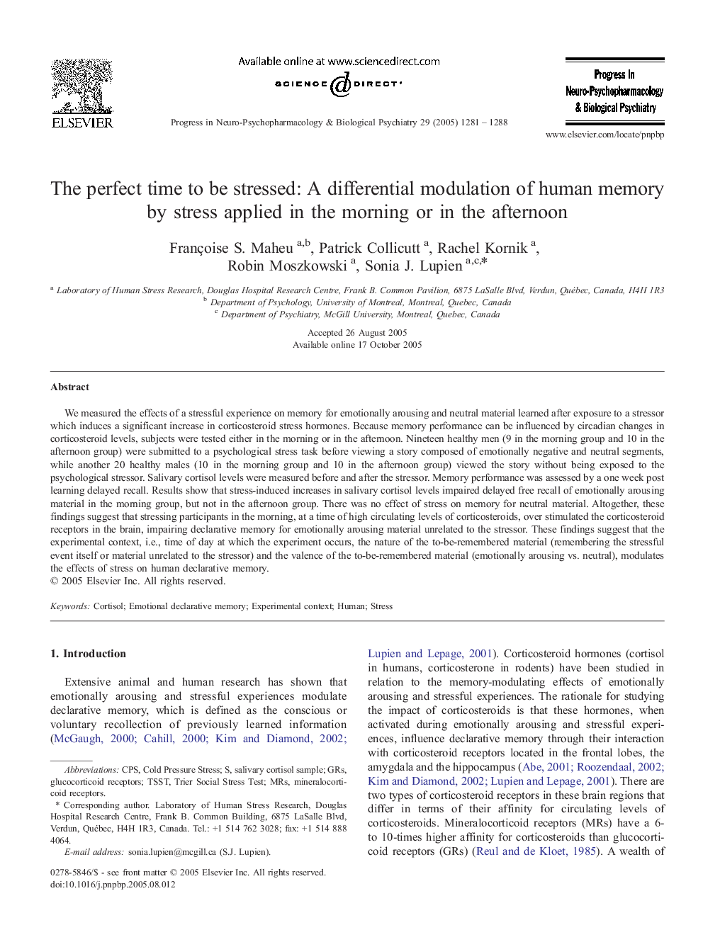 The perfect time to be stressed: A differential modulation of human memory by stress applied in the morning or in the afternoon