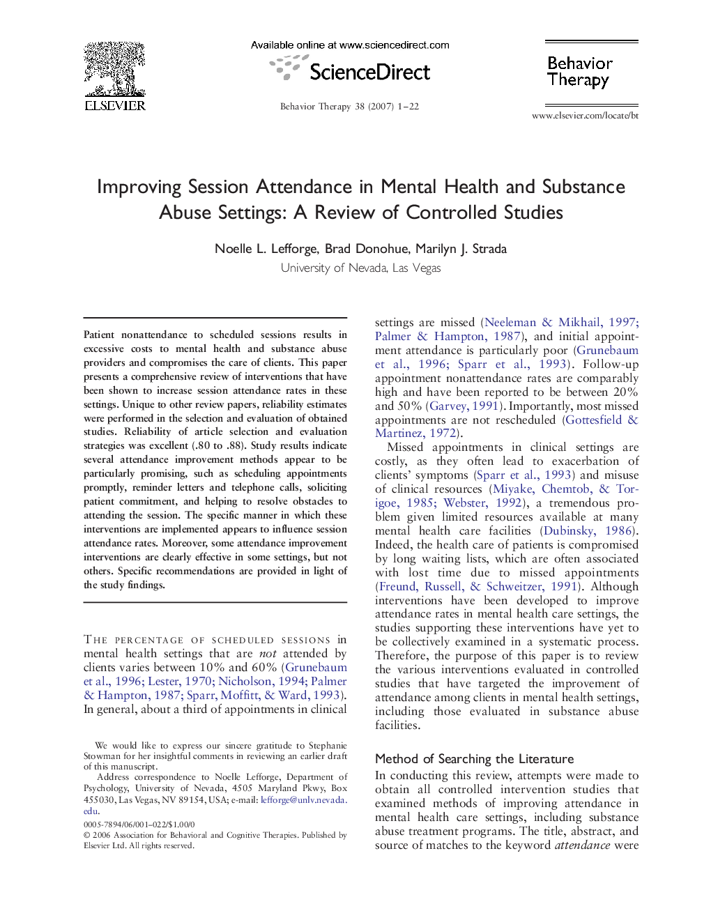 Improving Session Attendance in Mental Health and Substance Abuse Settings: A Review of Controlled Studies