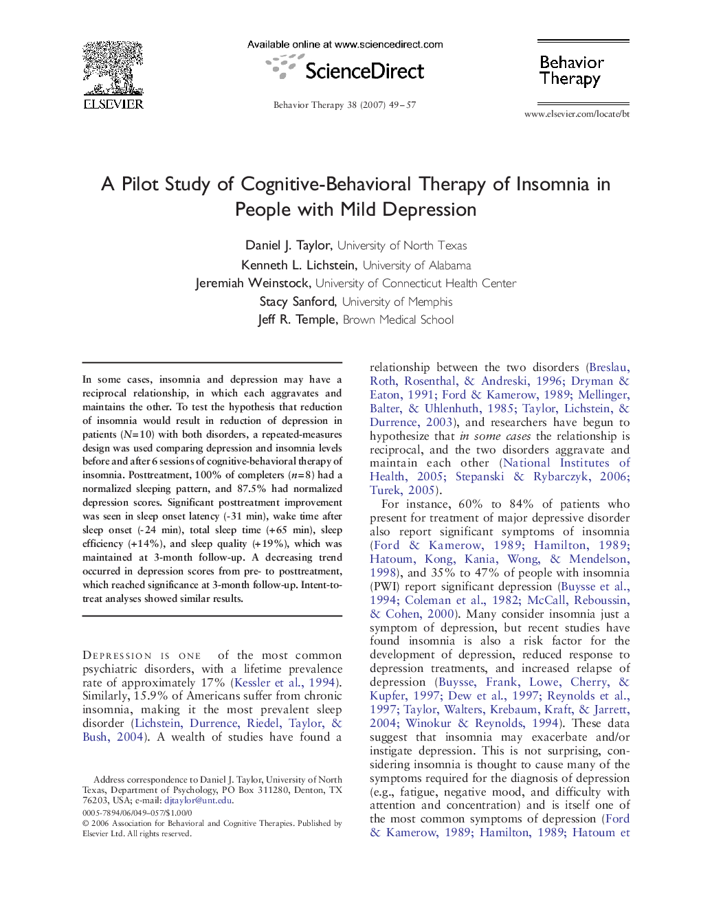 A Pilot Study of Cognitive-Behavioral Therapy of Insomnia in People with Mild Depression