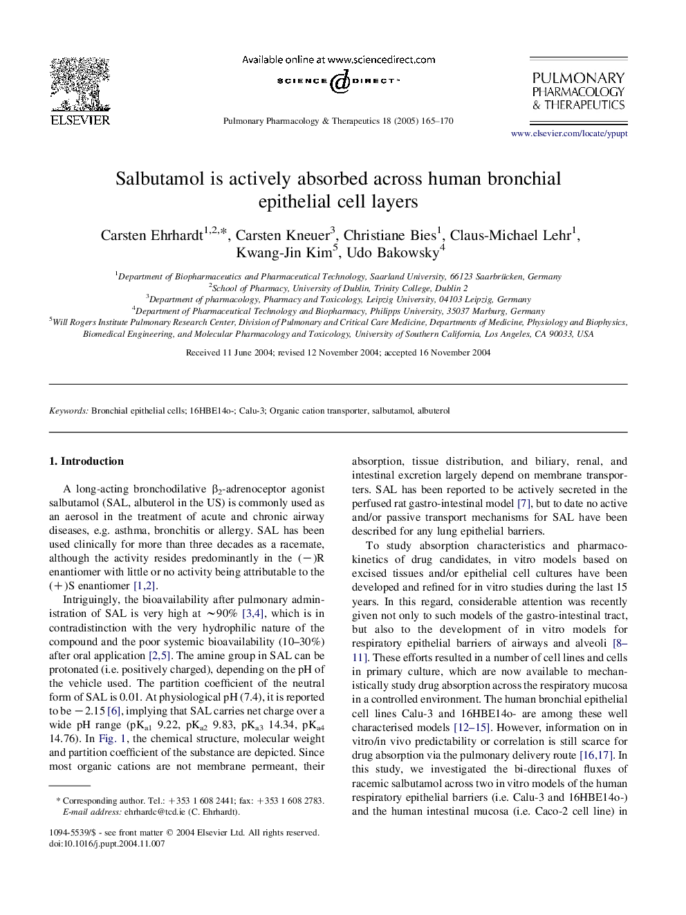 Salbutamol is actively absorbed across human bronchial epithelial cell layers