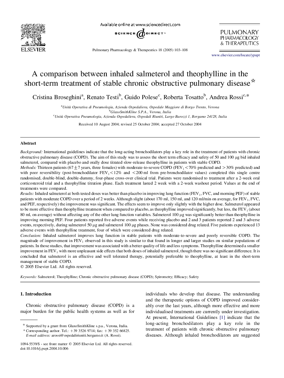 A comparison between inhaled salmeterol and theophylline in the short-term treatment of stable chronic obstructive pulmonary disease