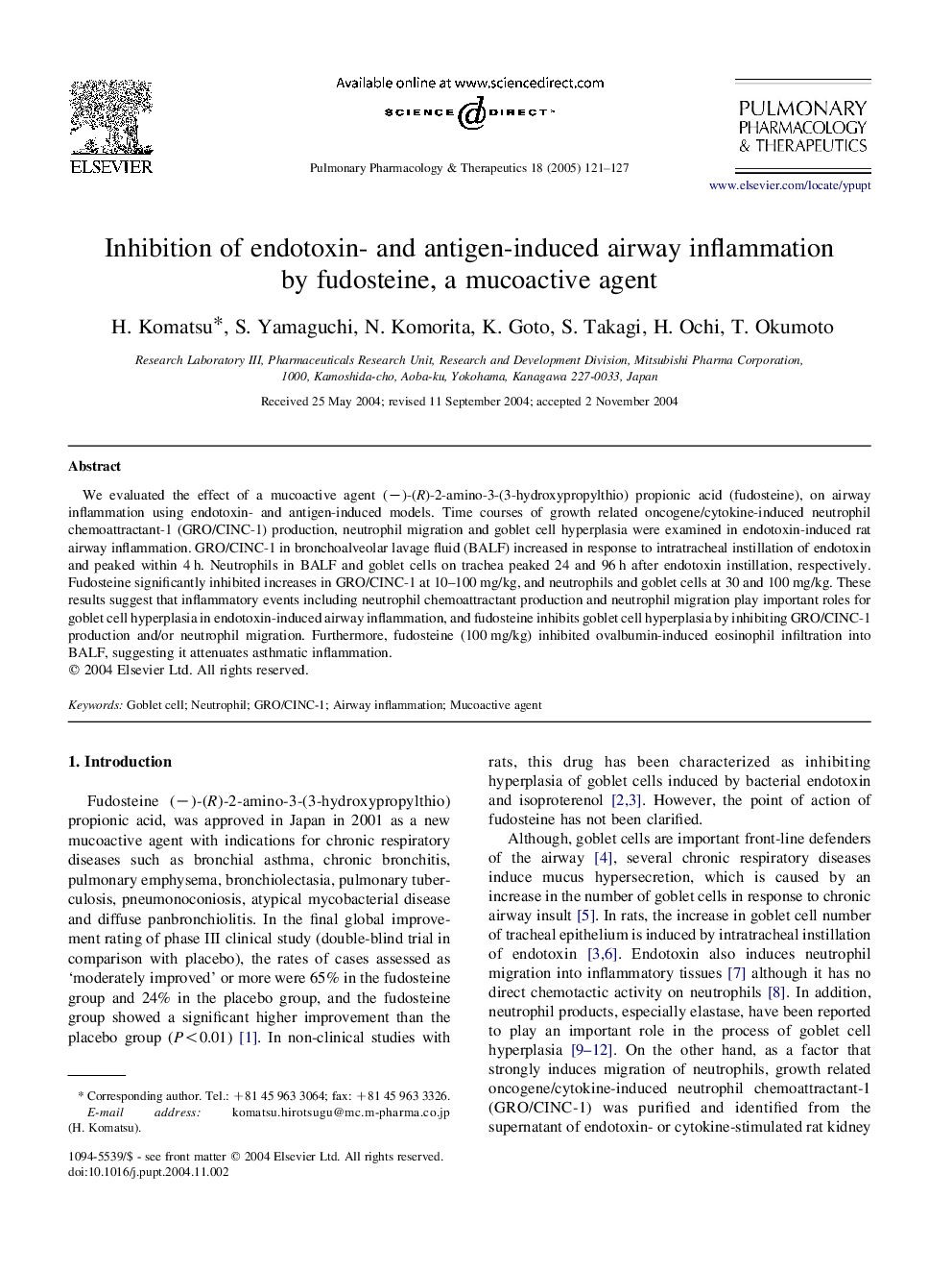 Inhibition of endotoxin- and antigen-induced airway inflammation by fudosteine, a mucoactive agent