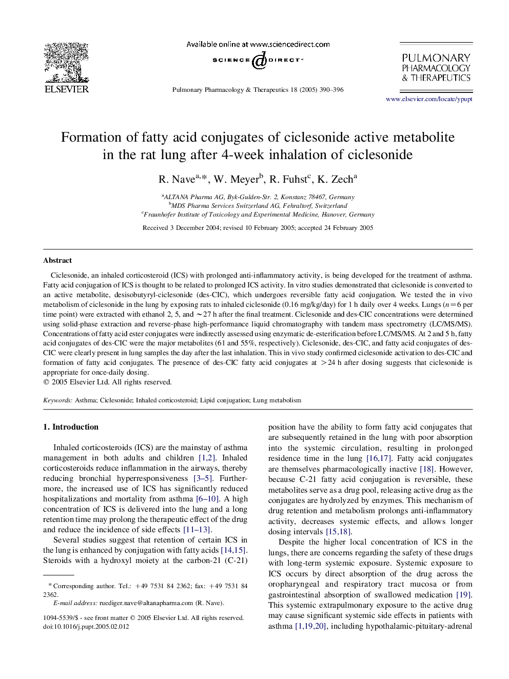 Formation of fatty acid conjugates of ciclesonide active metabolite in the rat lung after 4-week inhalation of ciclesonide