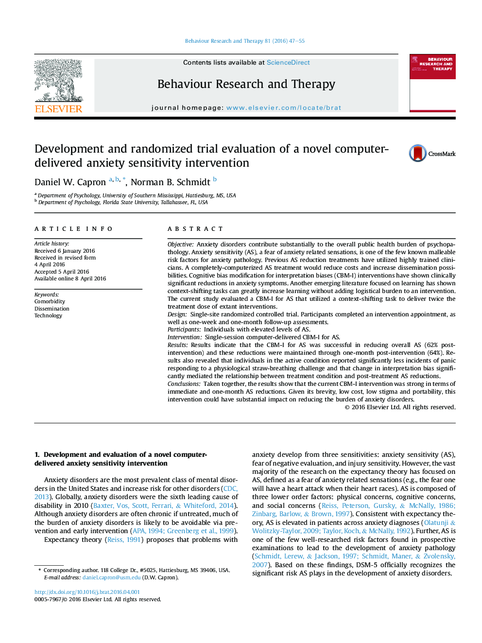 Development and randomized trial evaluation of a novel computer-delivered anxiety sensitivity intervention