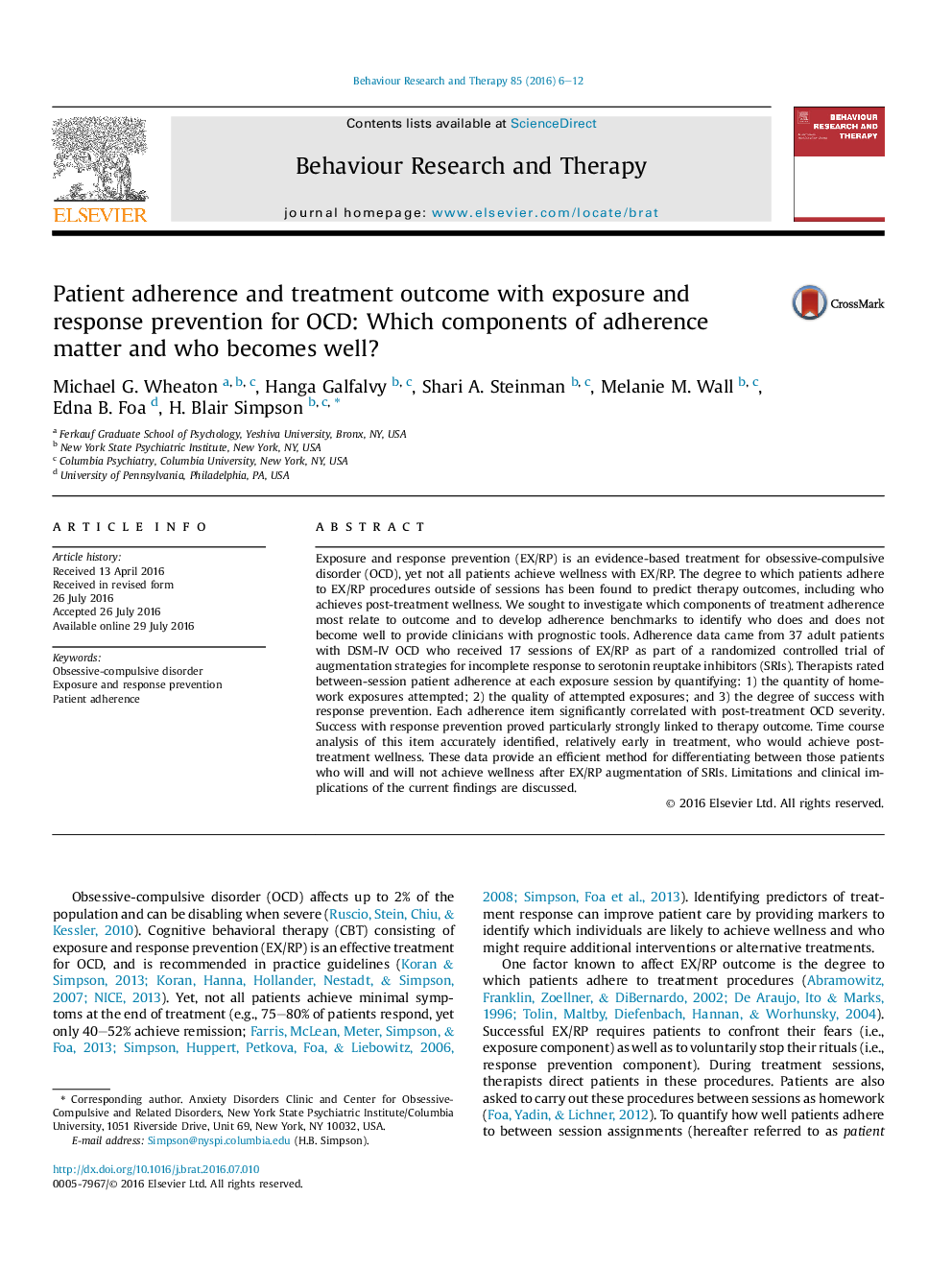 Patient adherence and treatment outcome with exposure and response prevention for OCD: Which components of adherence matter and who becomes well?