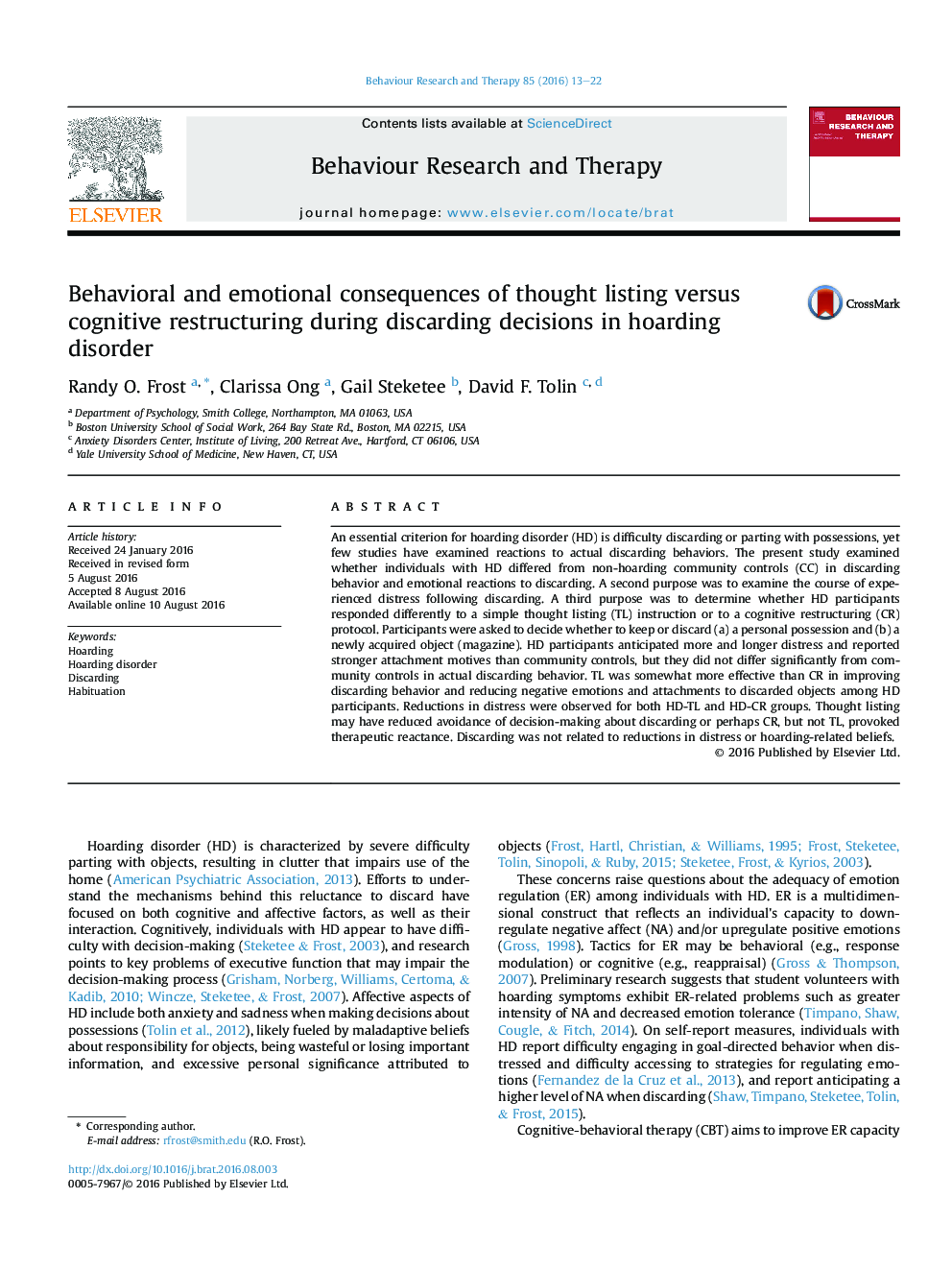 Behavioral and emotional consequences of thought listing versus cognitive restructuring during discarding decisions in hoarding disorder