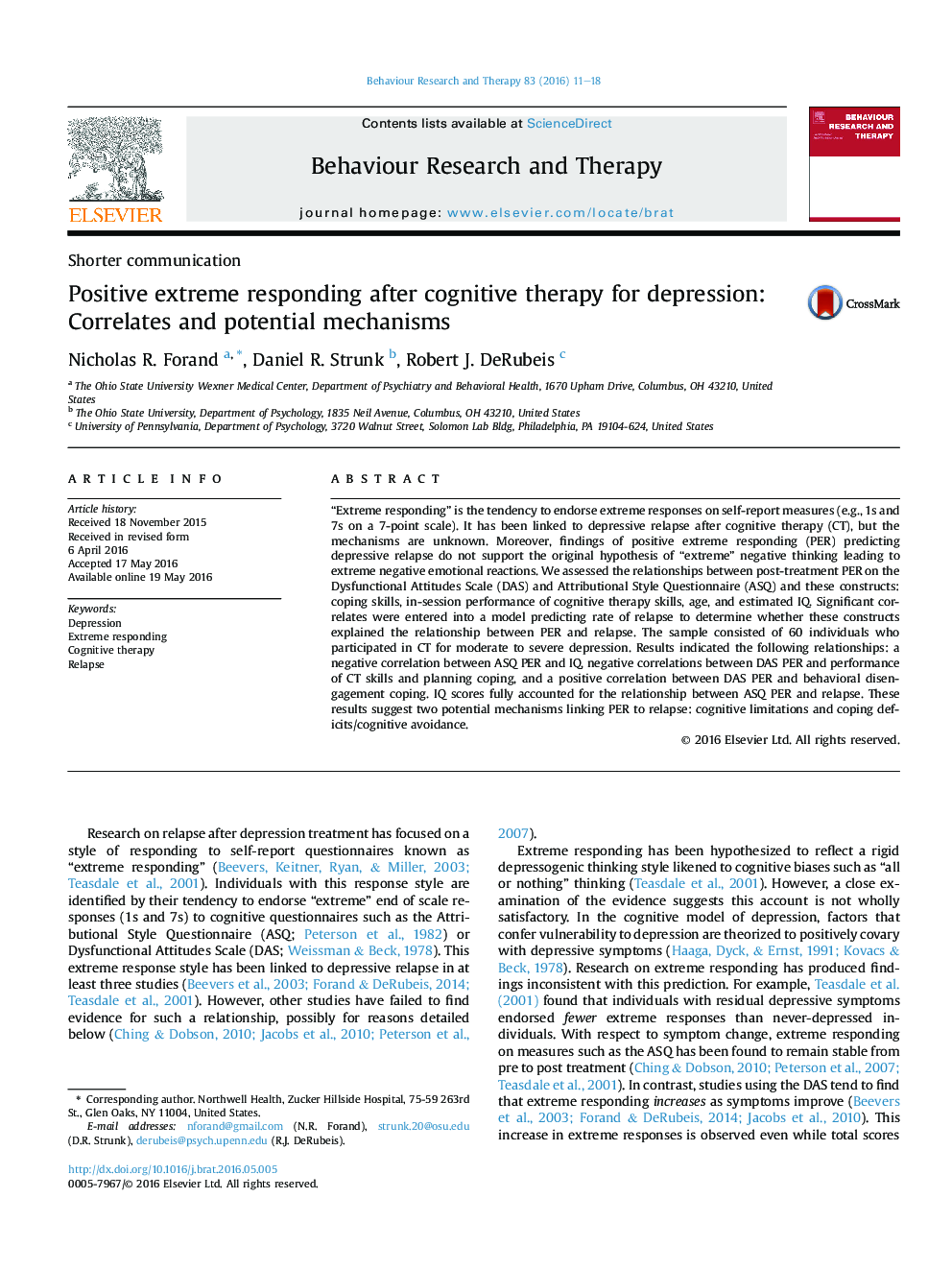 Positive extreme responding after cognitive therapy for depression: Correlates and potential mechanisms