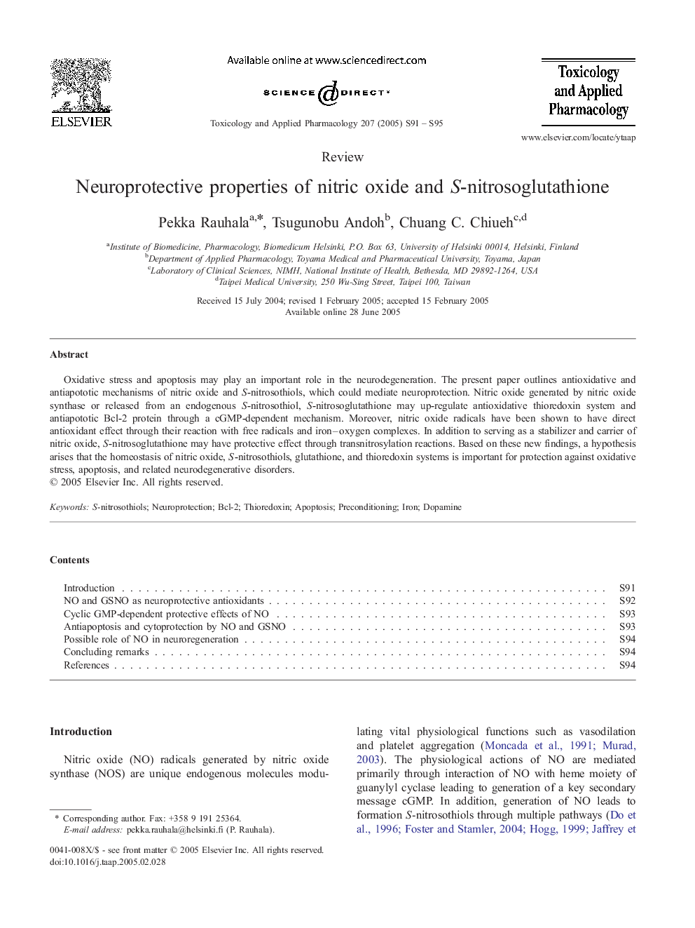 Neuroprotective properties of nitric oxide and S-nitrosoglutathione