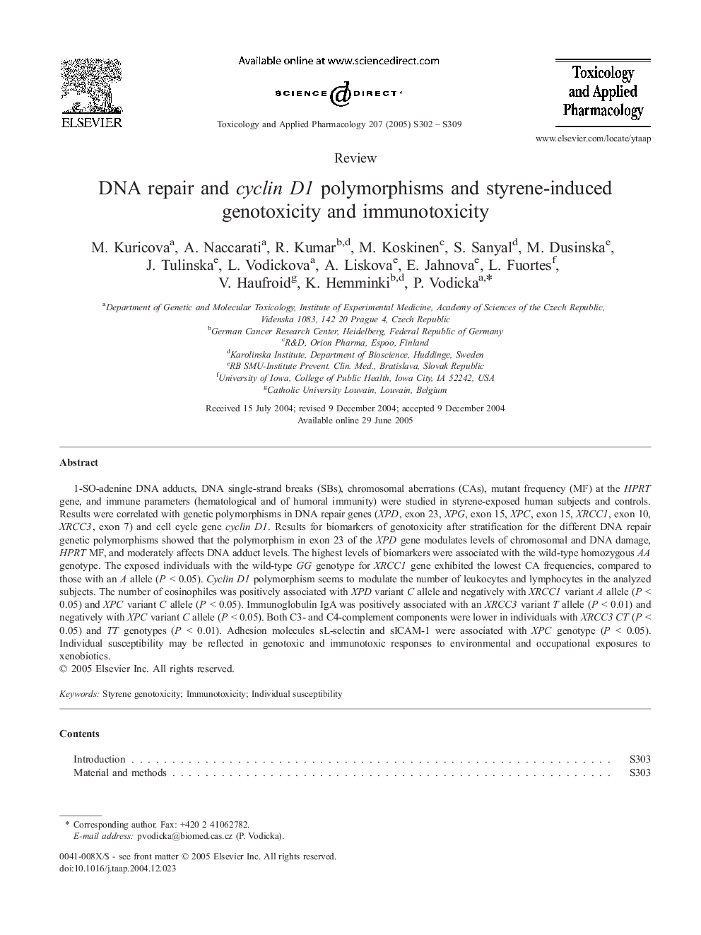 DNA repair and cyclin D1 polymorphisms and styrene-induced genotoxicity and immunotoxicity