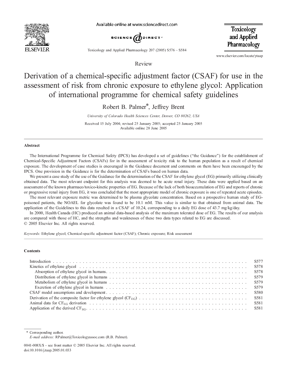 Derivation of a chemical-specific adjustment factor (CSAF) for use in the assessment of risk from chronic exposure to ethylene glycol: Application of international programme for chemical safety guidelines