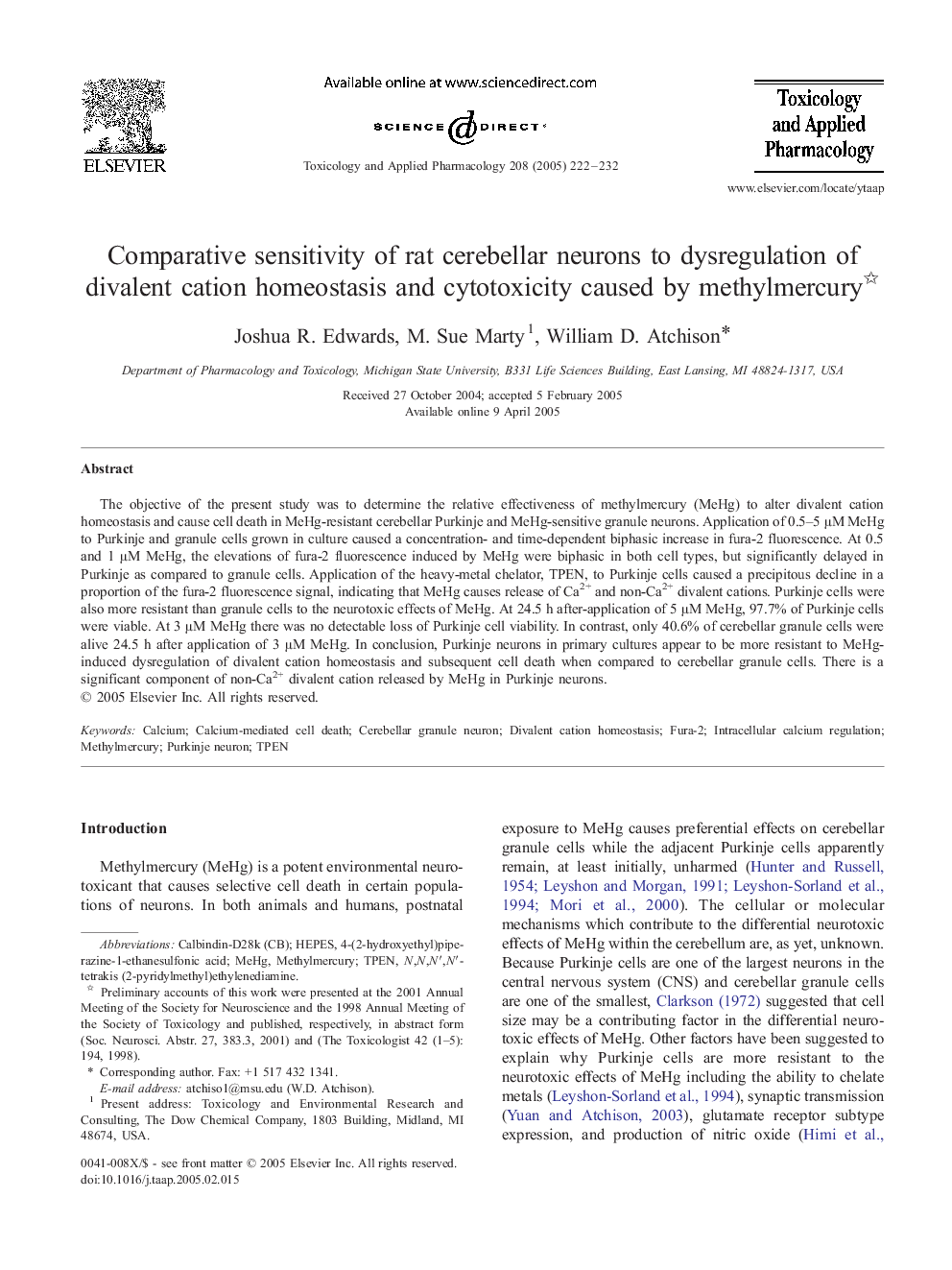 Comparative sensitivity of rat cerebellar neurons to dysregulation of divalent cation homeostasis and cytotoxicity caused by methylmercury