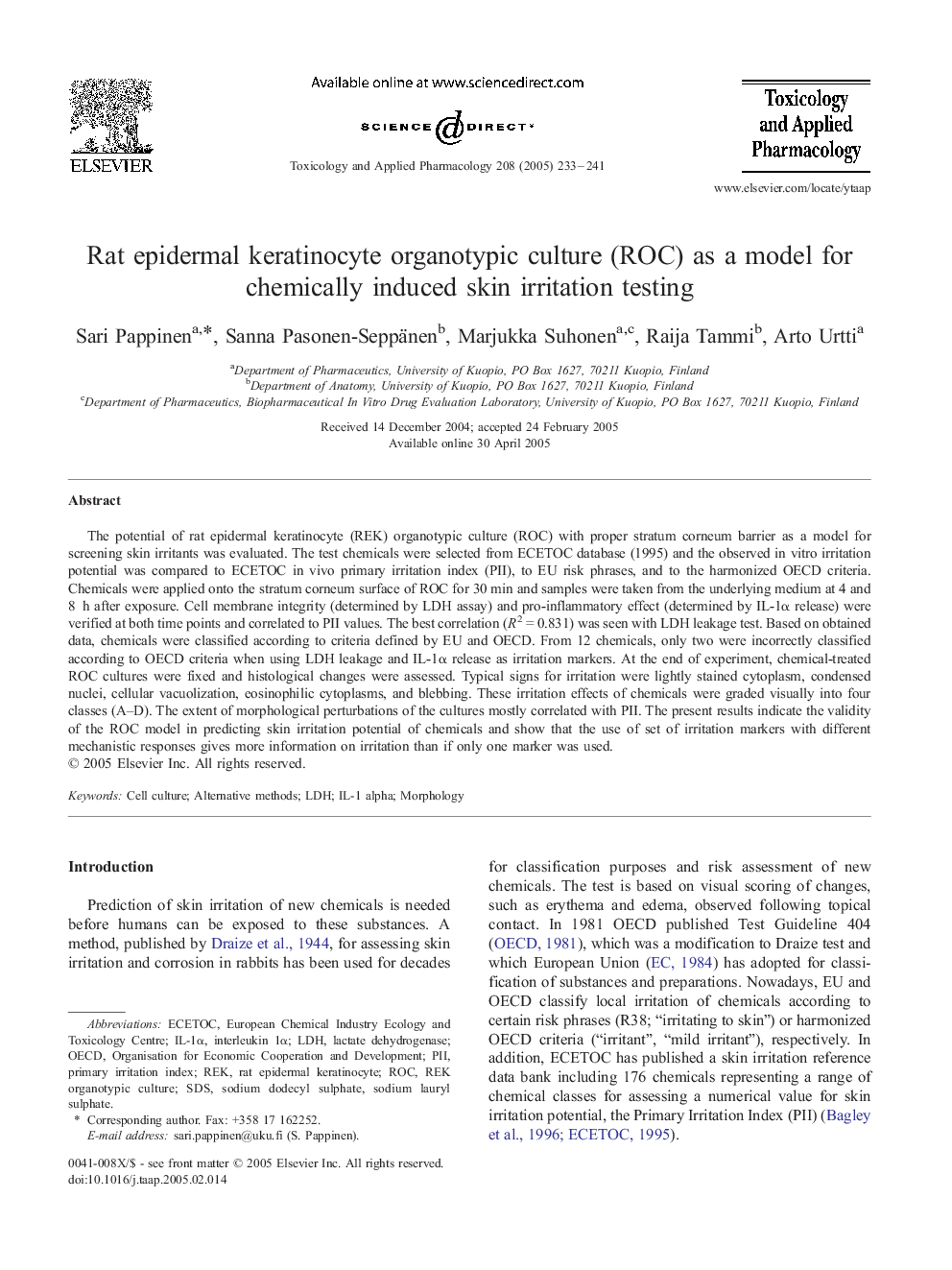 Rat epidermal keratinocyte organotypic culture (ROC) as a model for chemically induced skin irritation testing