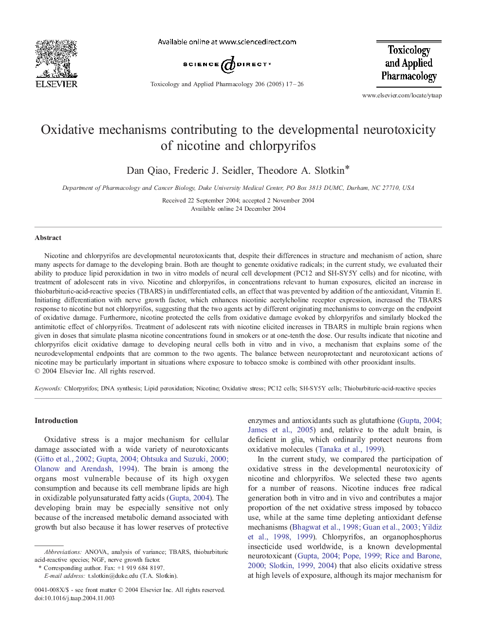 Oxidative mechanisms contributing to the developmental neurotoxicity of nicotine and chlorpyrifos