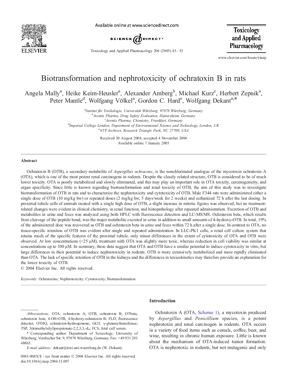 Biotransformation and nephrotoxicity of ochratoxin B in rats