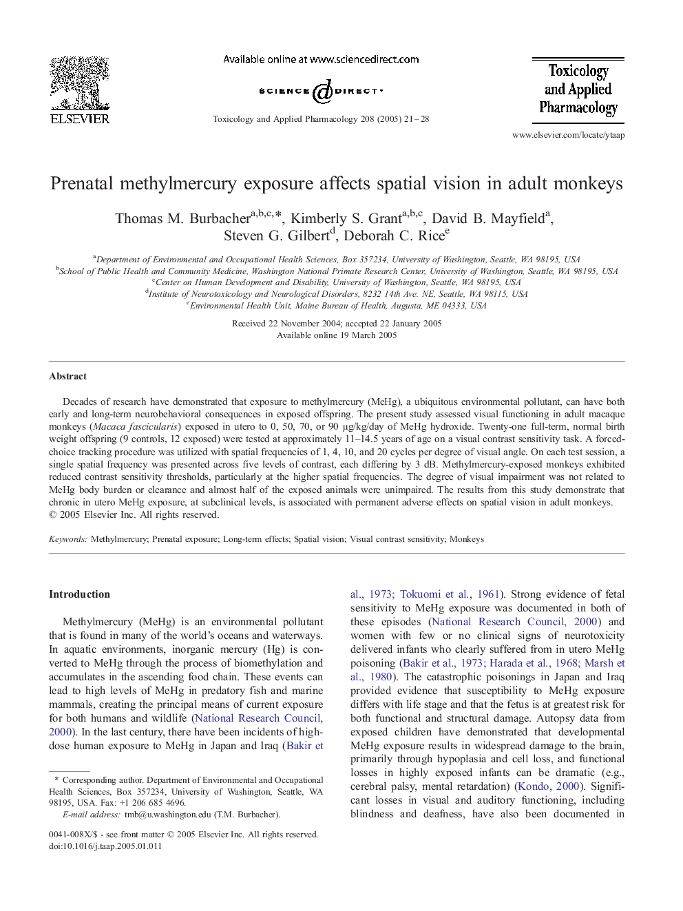 Prenatal methylmercury exposure affects spatial vision in adult monkeys