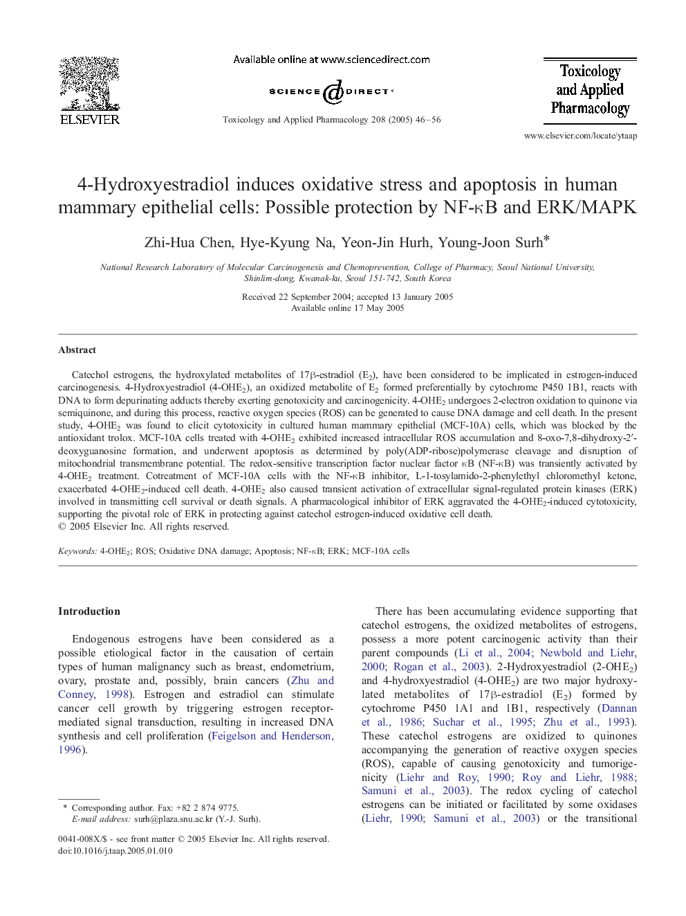 4-Hydroxyestradiol induces oxidative stress and apoptosis in human mammary epithelial cells: possible protection by NF-ÎºB and ERK/MAPK